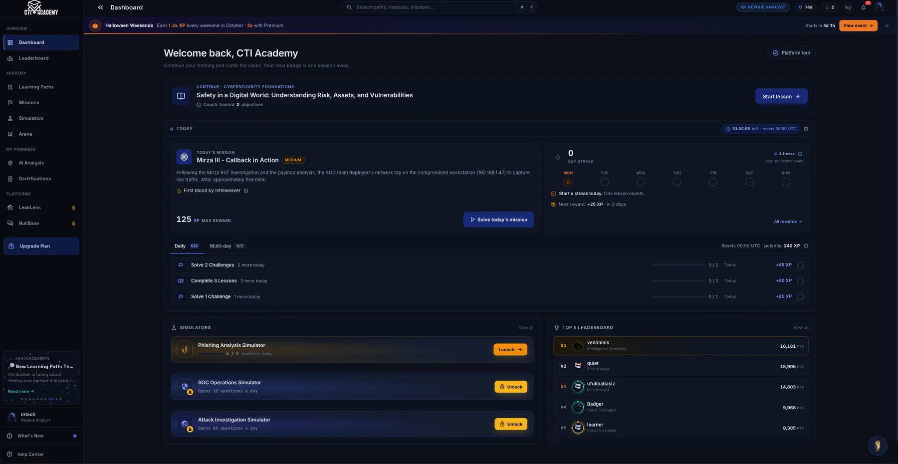 The CTI Academy dashboard with today's mission, streak, simulators and leaderboard
